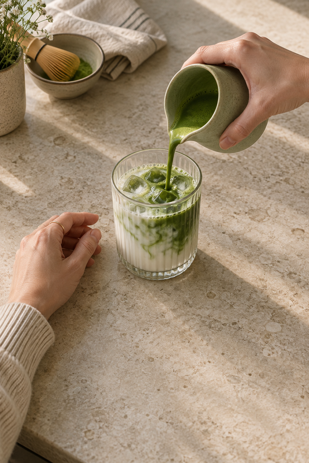 Hands pouring green matcha into a glass of iced milk on a sunlit counter